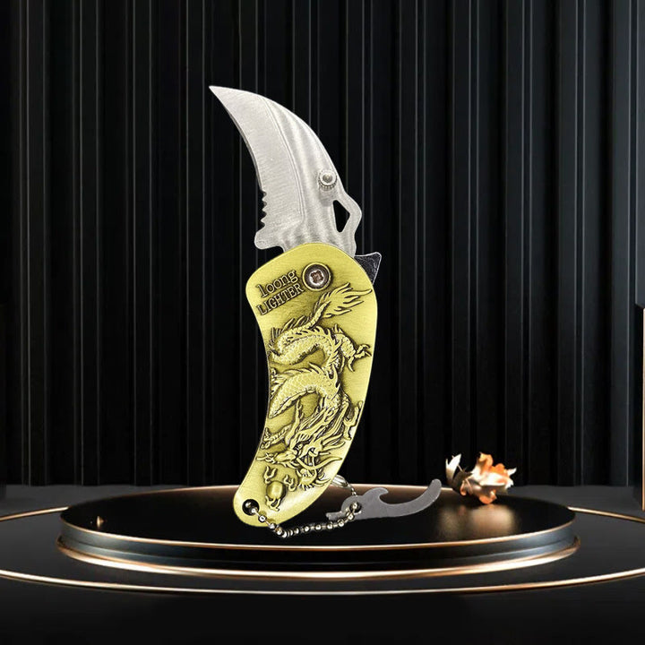 Couteau pliant en métal avec dragon en relief et briquet à butane - Bronze du Dragon - image 1