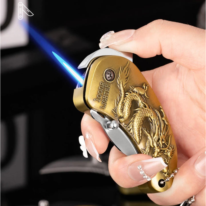 Couteau pliant en métal avec dragon en relief et briquet à butane - image 0