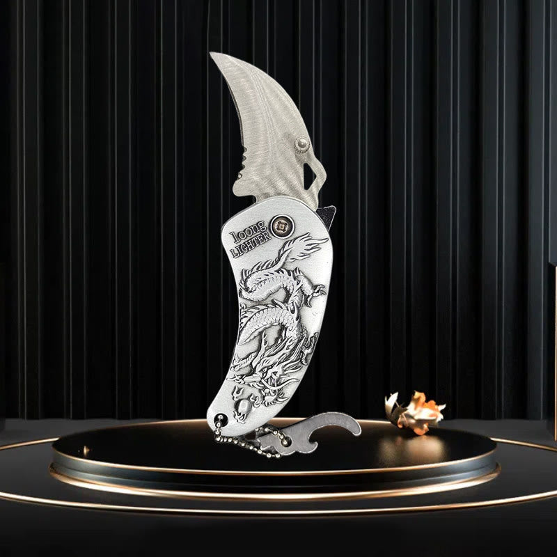 Couteau pliant en métal avec dragon en relief et briquet à butane - Dragon Silver - image 2