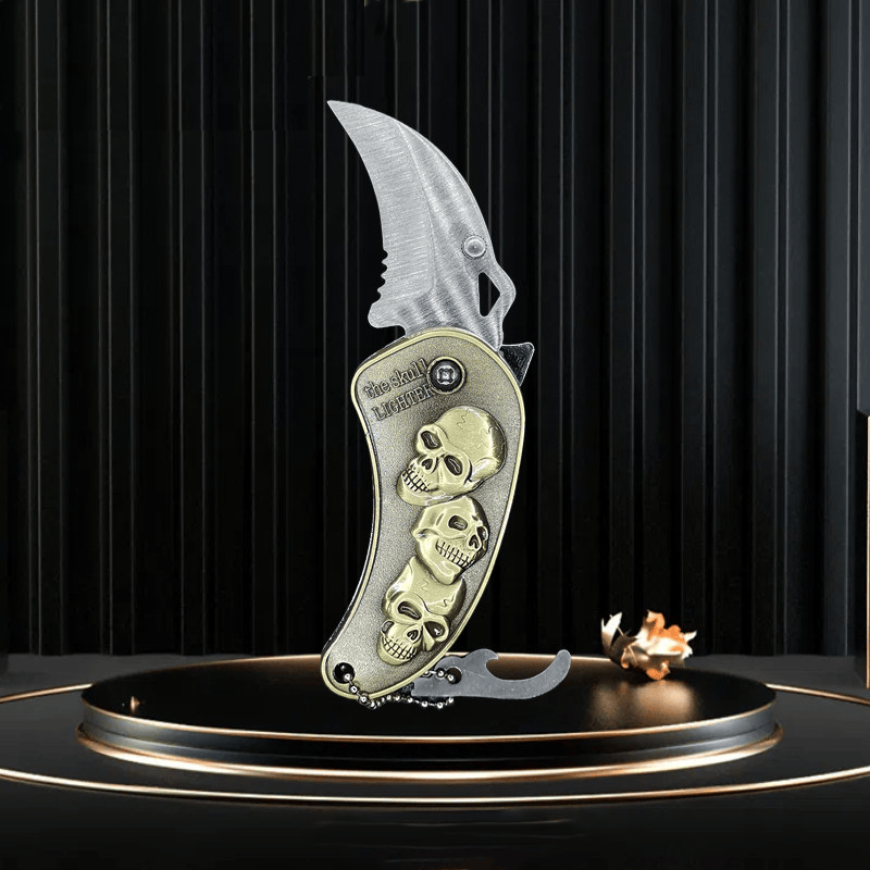 Couteau pliant en métal avec dragon en relief et briquet à butane - Crâne - image 3