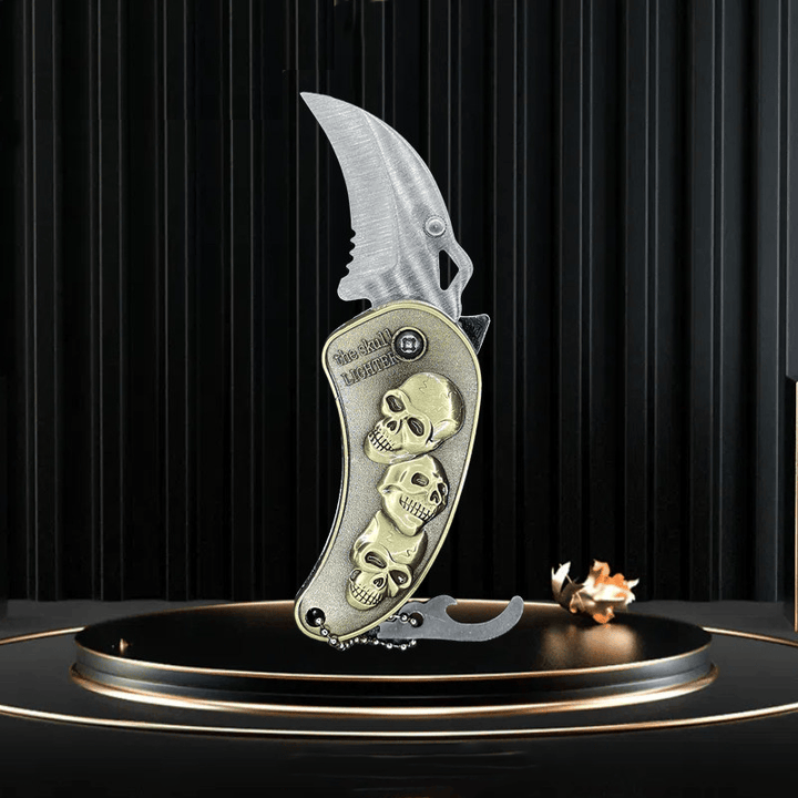 Couteau pliant en métal avec dragon en relief et briquet à butane - Crâne - image 3