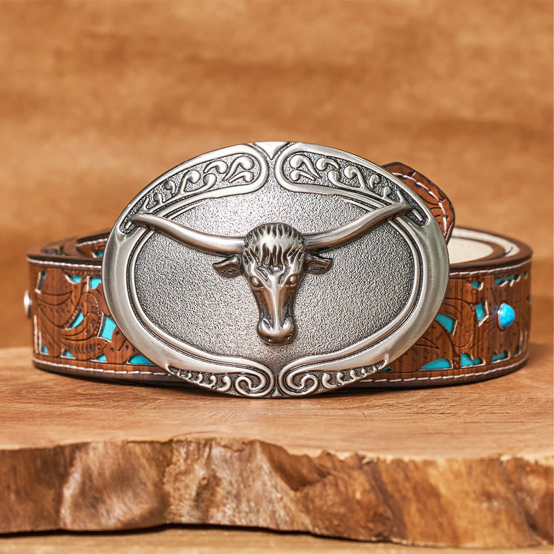 Ceinture en cuir pour homme avec boucle sculptée en forme de tête de taureau argentée - Ceinture turquoise sculptée - 42 - image 3