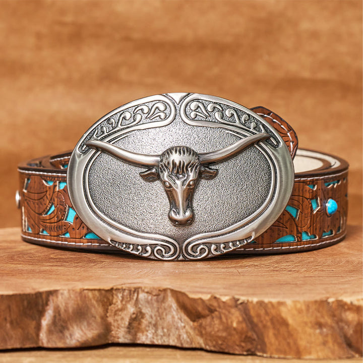 Ceinture en cuir pour homme avec boucle sculptée en forme de tête de taureau argentée - Ceinture turquoise sculptée - 42 - image 3