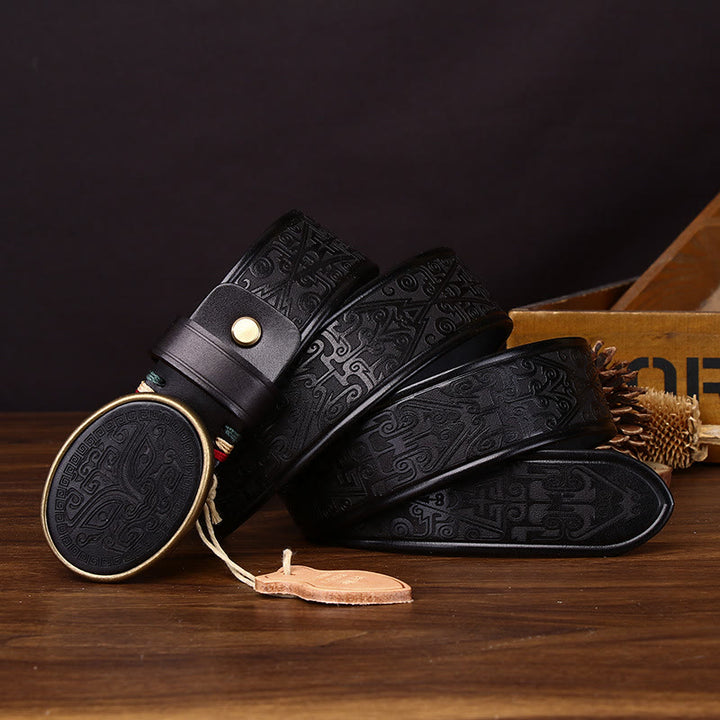 Ceinture en cuir pour homme avec boucle ovale sculptée de style totem rétro - Noir - 44 - image 3