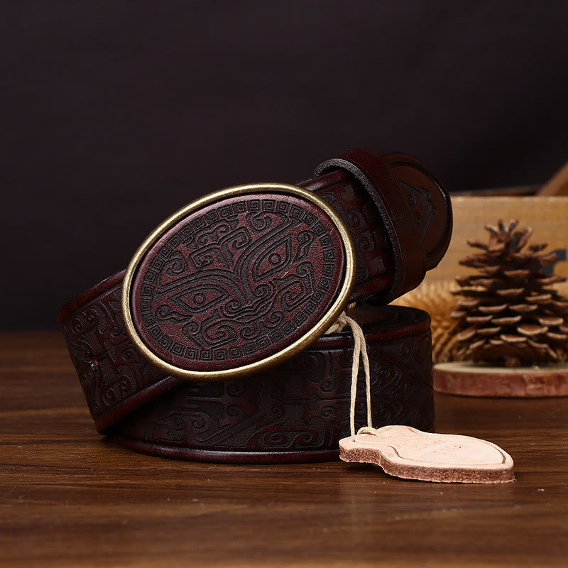 Ceinture en cuir pour homme avec boucle ovale sculptée de style totem rétro - image 2