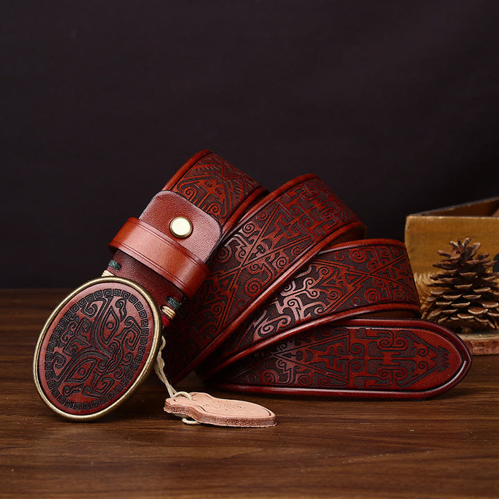 Ceinture en cuir pour homme avec boucle ovale sculptée de style totem rétro - Kaki - 44 - image 6