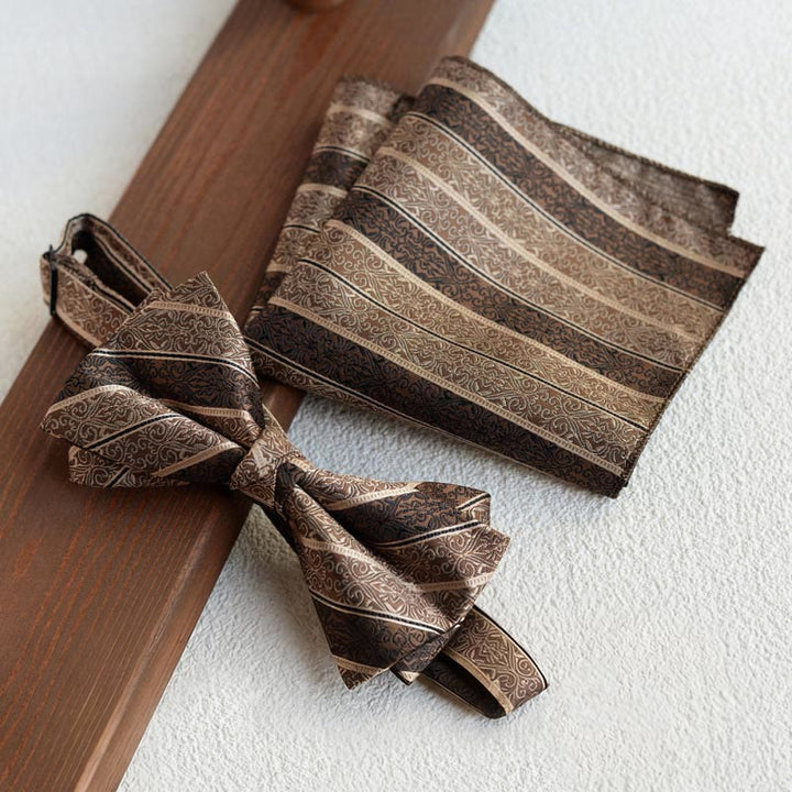 Ensemble de 5 cravates rétro marron à imprimé diagonal pour homme - Nœud papillon + pochette - image 4