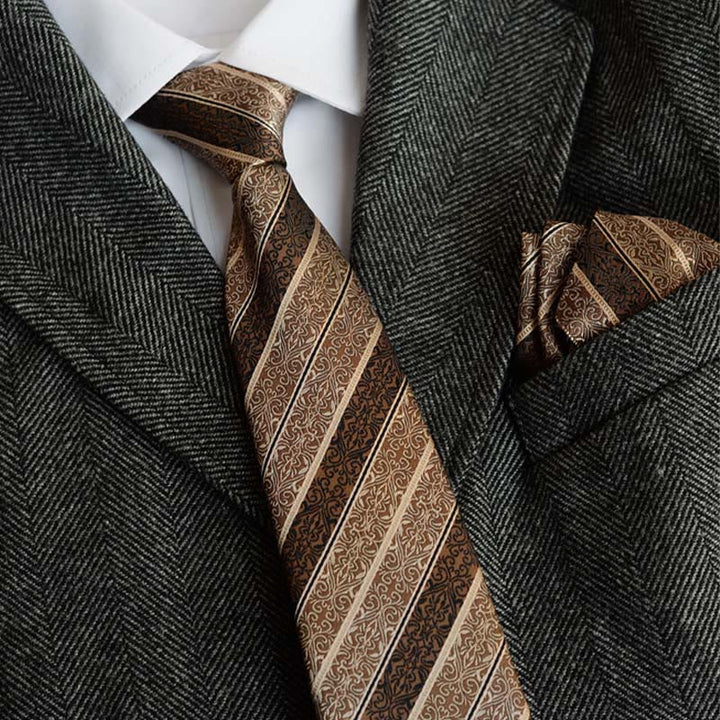 Ensemble de 5 cravates rétro marron à imprimé diagonal pour homme - image 1