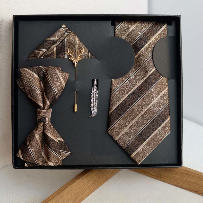 Ensemble de 5 cravates rétro marron à imprimé diagonal pour homme - 5 pièces - image 0