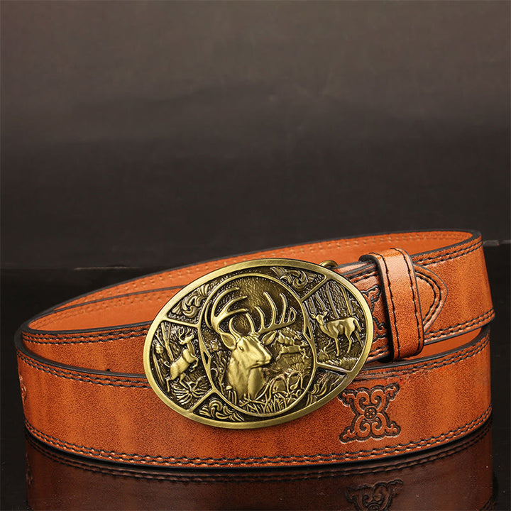 Ceinture en cuir pour homme avec boucle en relief motif cerf rétro - Brun - 44 - image 0