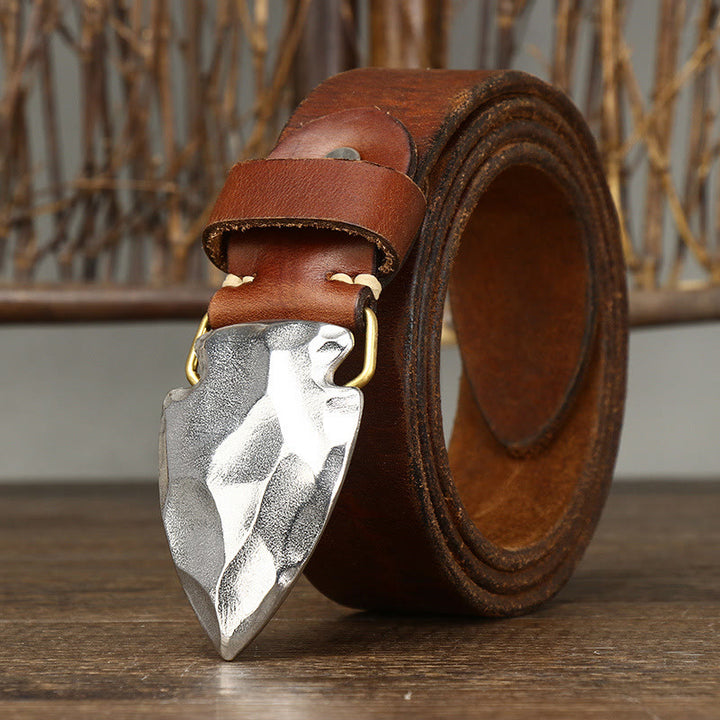 Ceinture en cuir argenté vieilli rétro pour homme avec boucle flèche triangulaire - image 0