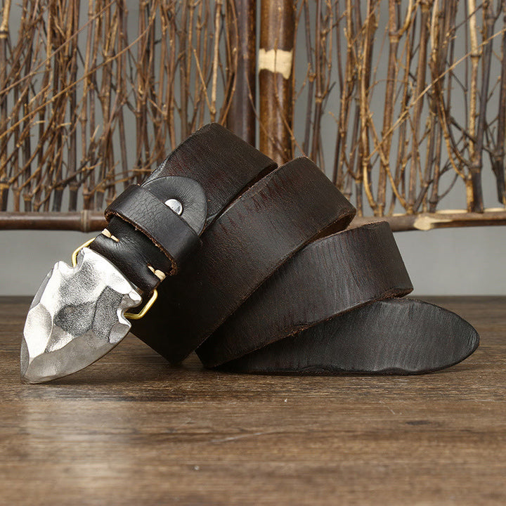 Ceinture en cuir argenté vieilli rétro pour homme avec boucle flèche triangulaire - Café - 46 - image 6