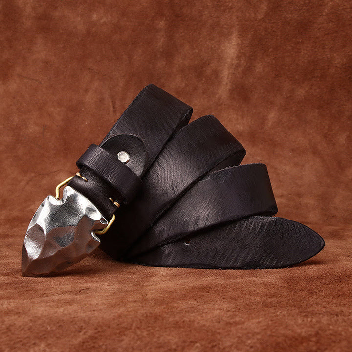Ceinture en cuir argenté vieilli rétro pour homme avec boucle flèche triangulaire - Noir - 46 - image 8