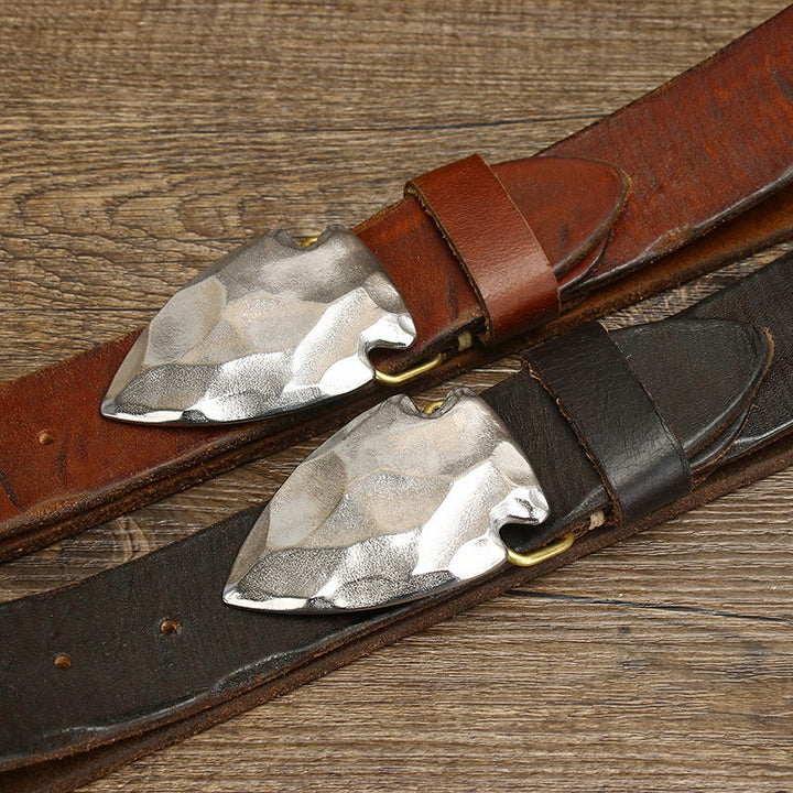 Ceinture en cuir argenté vieilli rétro pour homme avec boucle flèche triangulaire - image 3