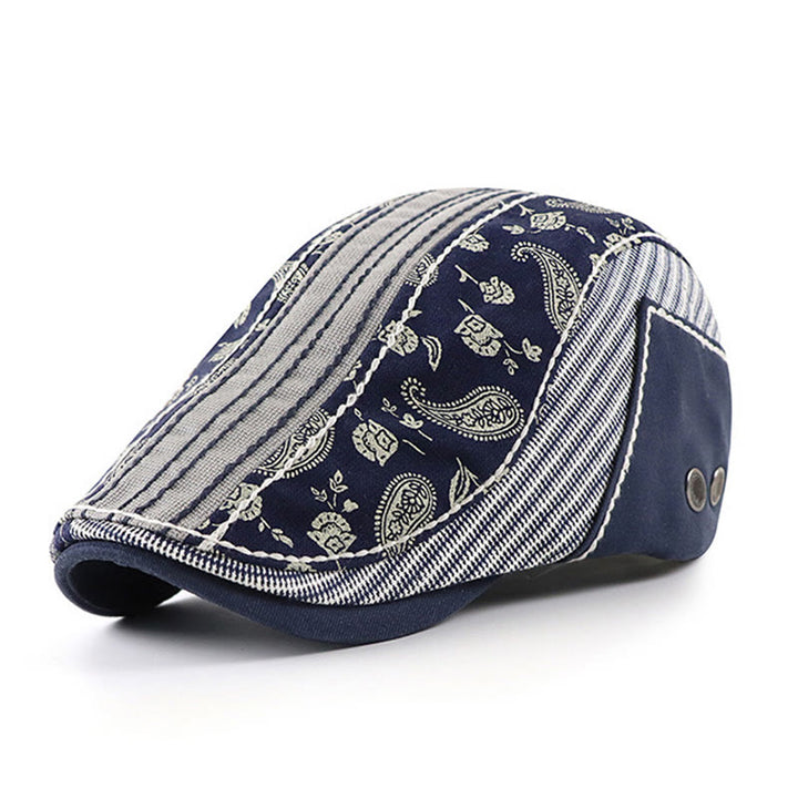 Béret vintage patchwork à motifs cachemire et rayures à calotte plate - Marine - Réglable (22"-23 5/8") - image 0