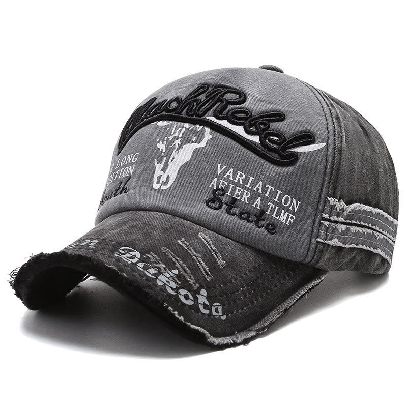 Casquette de baseball vintage style western usée à tête de taureau à longues cornes - Noir - M (22''-22 7/8") - image 0
