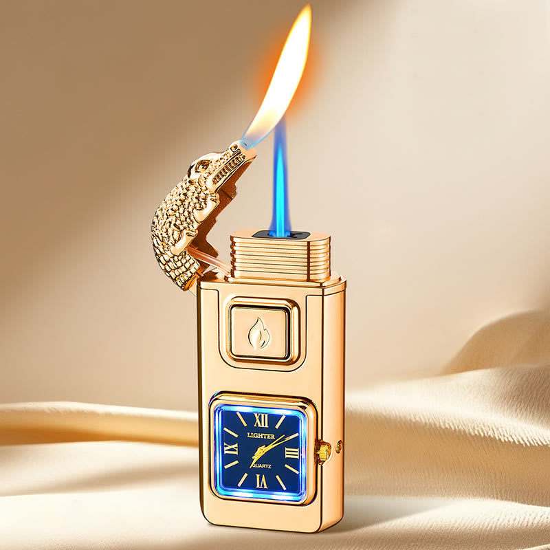 Briquet gonflable à butane LED en forme de tête de crocodile avec horloge - Or - image 0