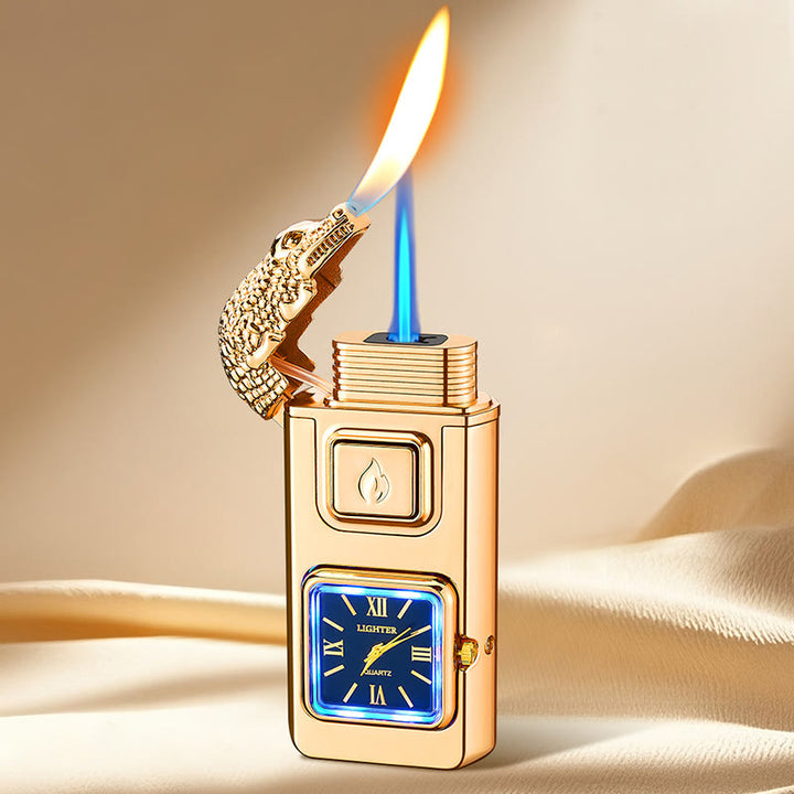 Briquet gonflable à butane LED en forme de tête de crocodile avec horloge - Or - image 0