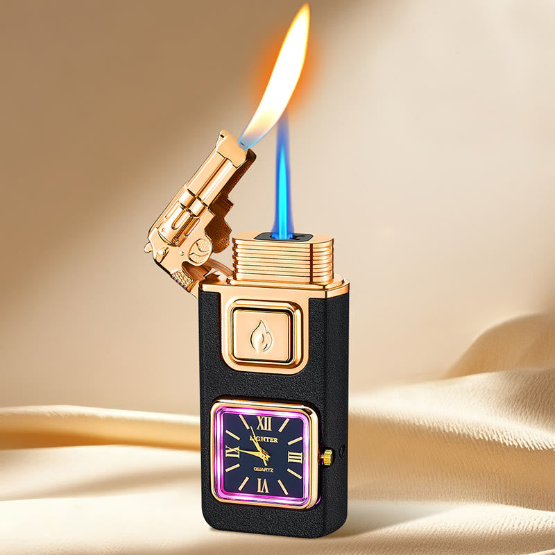Briquet gonflable à butane LED en forme de pistolet avec horloge - Noir mat - image 0