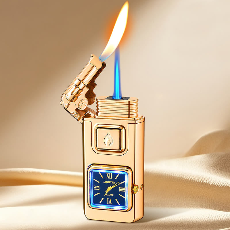 Briquet gonflable à butane LED en forme de pistolet avec horloge - Or - image 8
