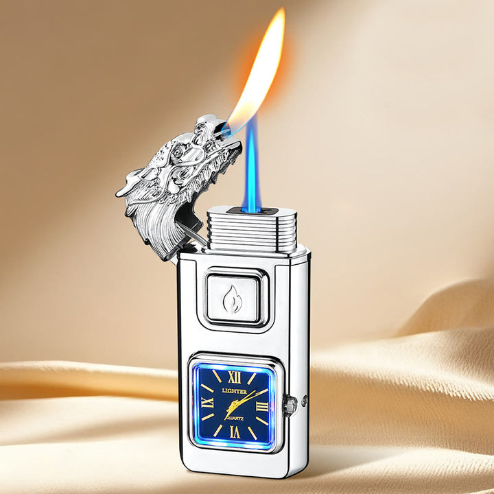 Briquet gonflable à butane LED en forme de tête de dragon avec horloge - Argent - image 0