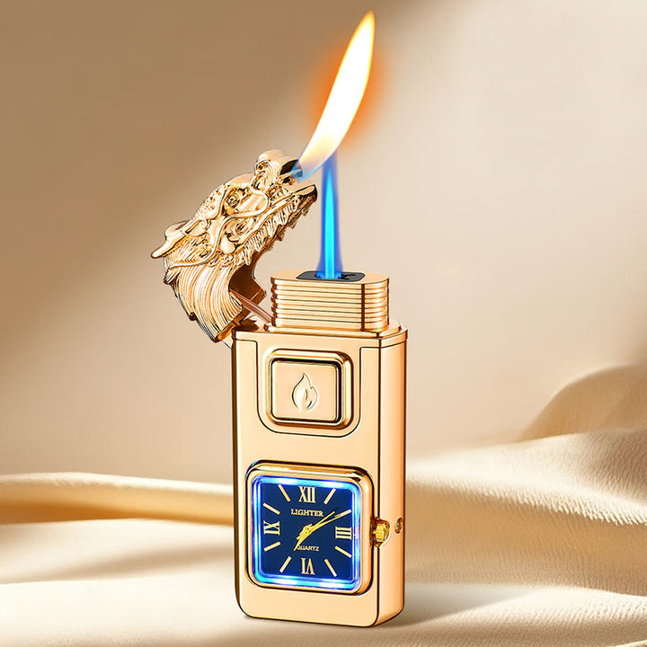 Briquet gonflable à butane LED en forme de tête de dragon avec horloge - Or - image 9