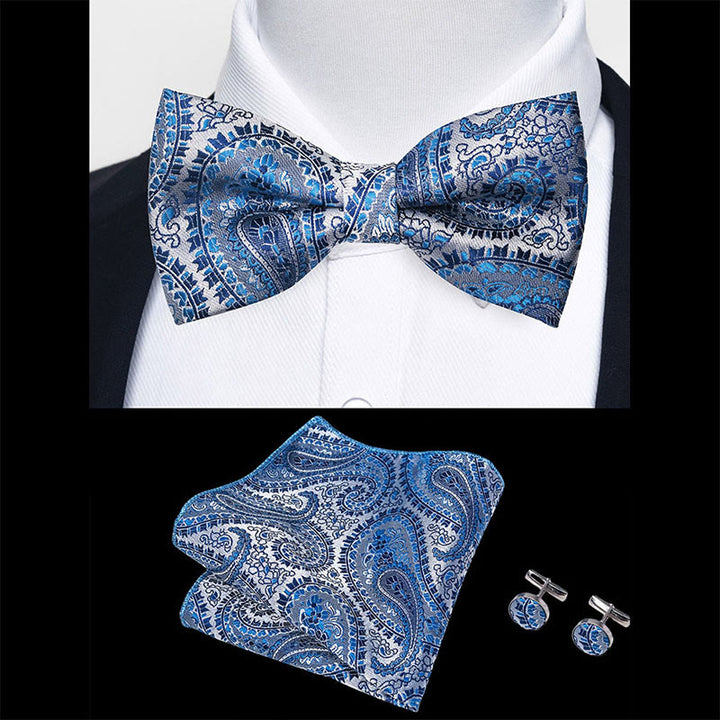 Ensemble 3 pièces pour homme : nœud papillon en tissu texturé, boutons de manchette et pochette - image 85