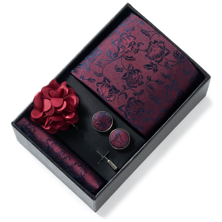 Ensemble de 4 pièces pour homme comprenant une cravate, une pochette, des boutons de manchette et une fleur de revers en tissu à motifs élégants. - Style n° 1 - image 0