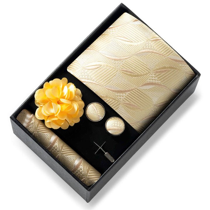 Ensemble de 4 pièces pour homme comprenant une cravate, une pochette, des boutons de manchette et une fleur de revers en tissu à motifs élégants. - Style n° 51 - image 50
