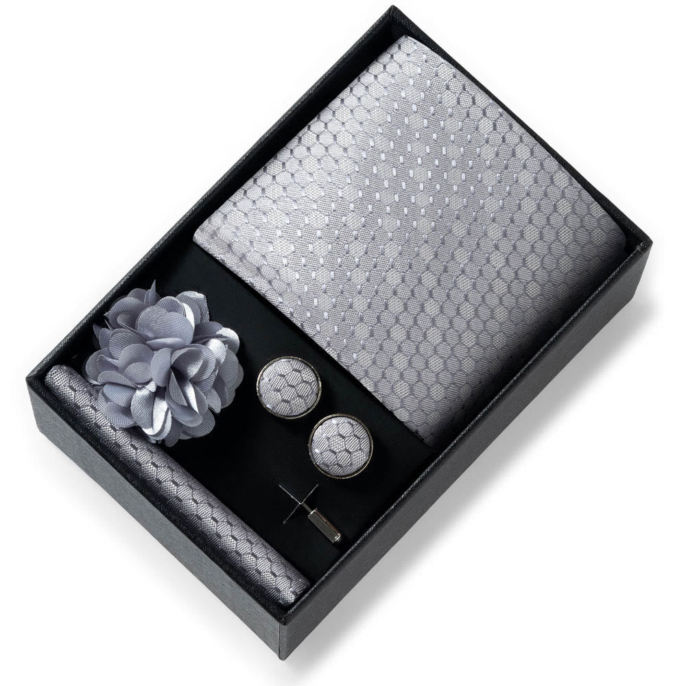 Ensemble de 4 pièces pour homme comprenant une cravate, une pochette, des boutons de manchette et une fleur de revers en tissu à motifs élégants. - Style n° 52 - image 51