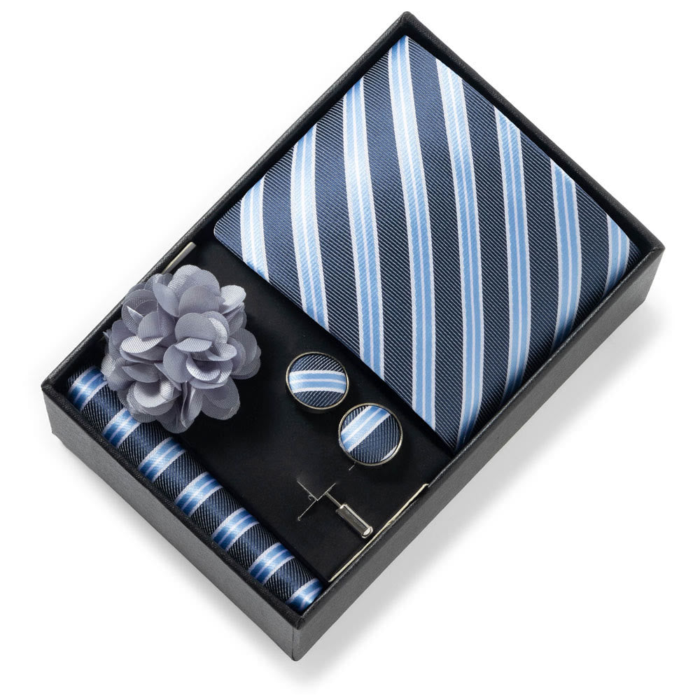 Ensemble de 4 pièces pour homme comprenant une cravate, une pochette, des boutons de manchette et une fleur de revers en tissu à motifs élégants. - Style n° 8 - image 7