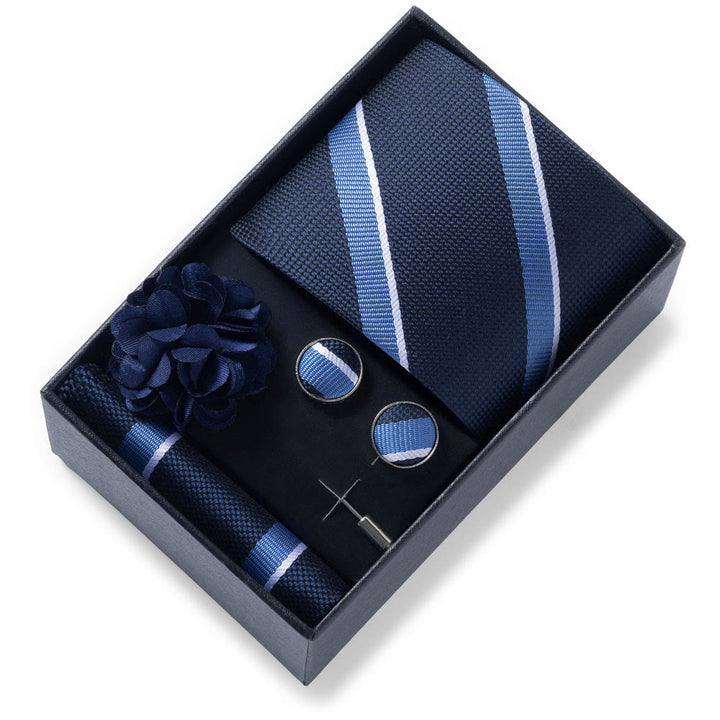 Ensemble de 4 pièces pour homme comprenant une cravate, une pochette, des boutons de manchette et une fleur de revers en tissu à motifs élégants. - Style n° 9 - image 8