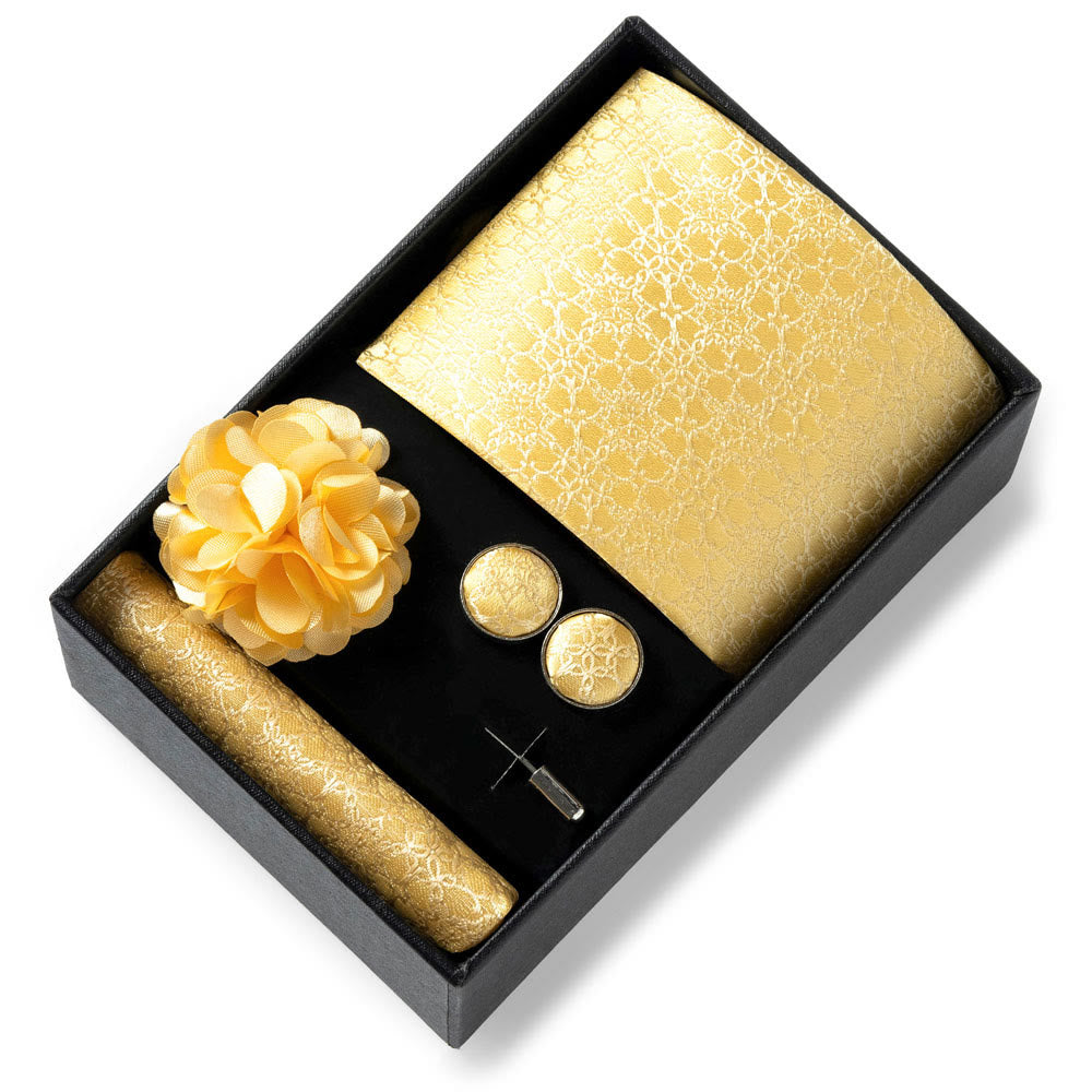 Ensemble de 4 pièces pour homme comprenant une cravate, une pochette, des boutons de manchette et une fleur de revers en tissu à motifs élégants. - Style n° 7 - image 6