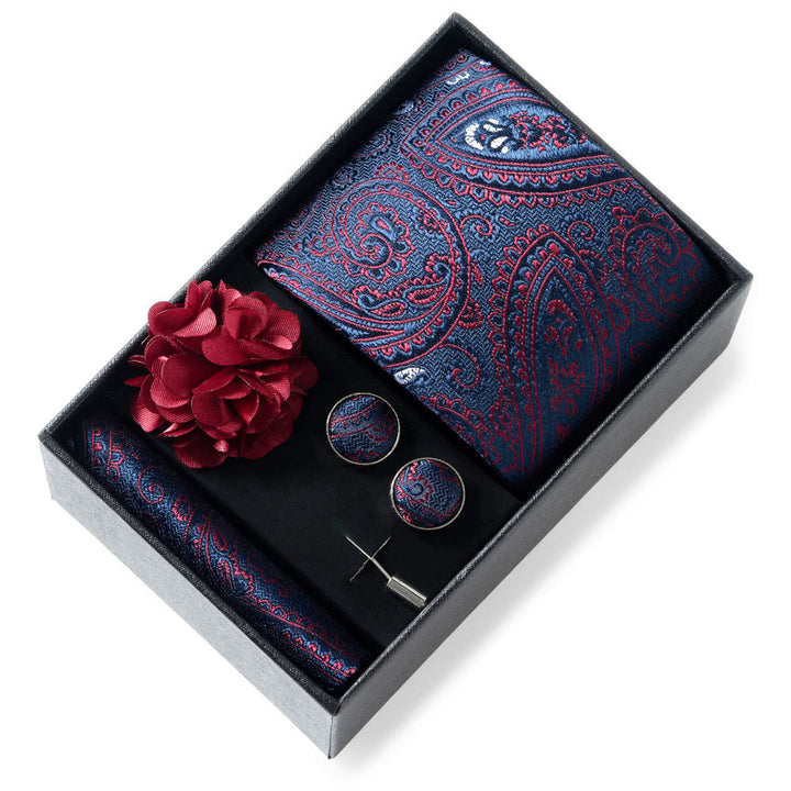 Ensemble de 4 pièces pour homme comprenant une cravate, une pochette, des boutons de manchette et une fleur de revers en tissu à motifs élégants. - Style n° 2 - image 1