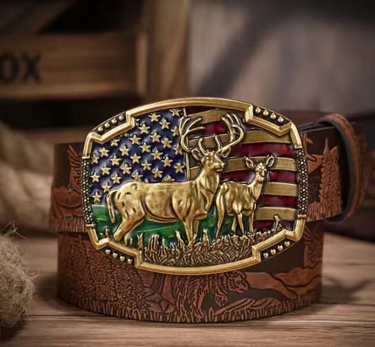 Ceinture en cuir pour homme avec boucle cerf et drapeau national couleur laiton - Cerf - 38 - image 0