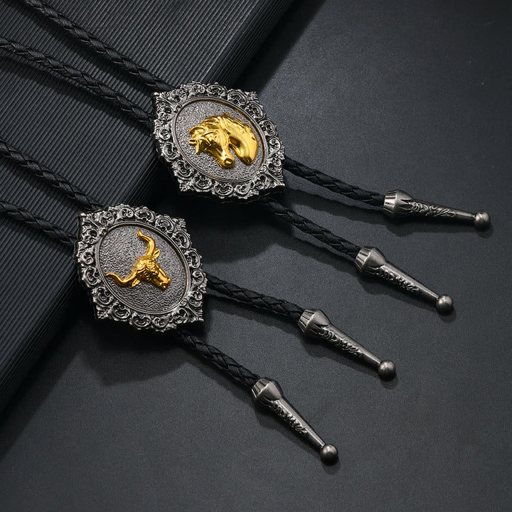 Cravate bolo vintage en métal sculpté avec emblème de tête de cheval et de taureau - image 0