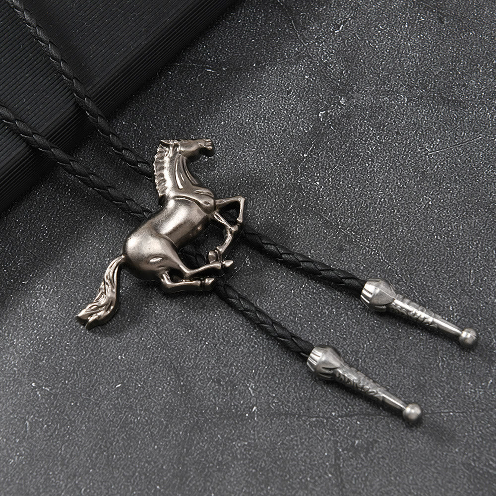 Cravate bolo vintage en métal avec emblème de cheval au galop - Argent antique - image 2