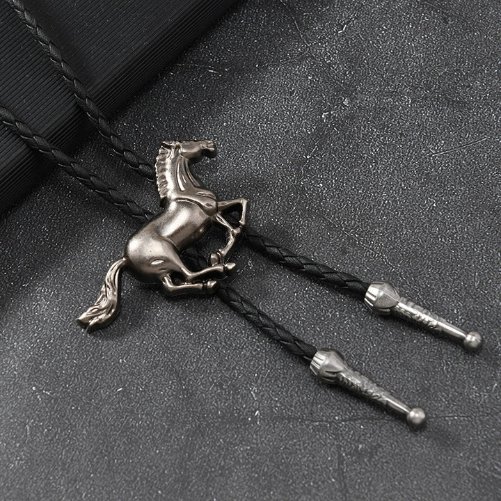 Cravate bolo vintage en métal avec emblème de cheval au galop - Argent antique - image 2