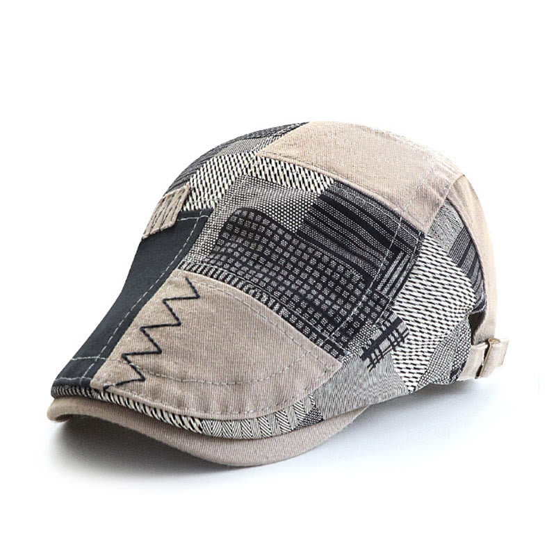 Béret gavroche artisanal patchwork multi-textures à coutures en zigzag - Gris clair - Réglable (22"-23 5/8") - image 0