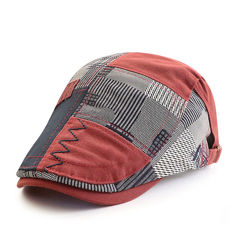 Béret gavroche artisanal patchwork multi-textures à coutures en zigzag - Rouge - Réglable (22"-23 5/8") - image 7
