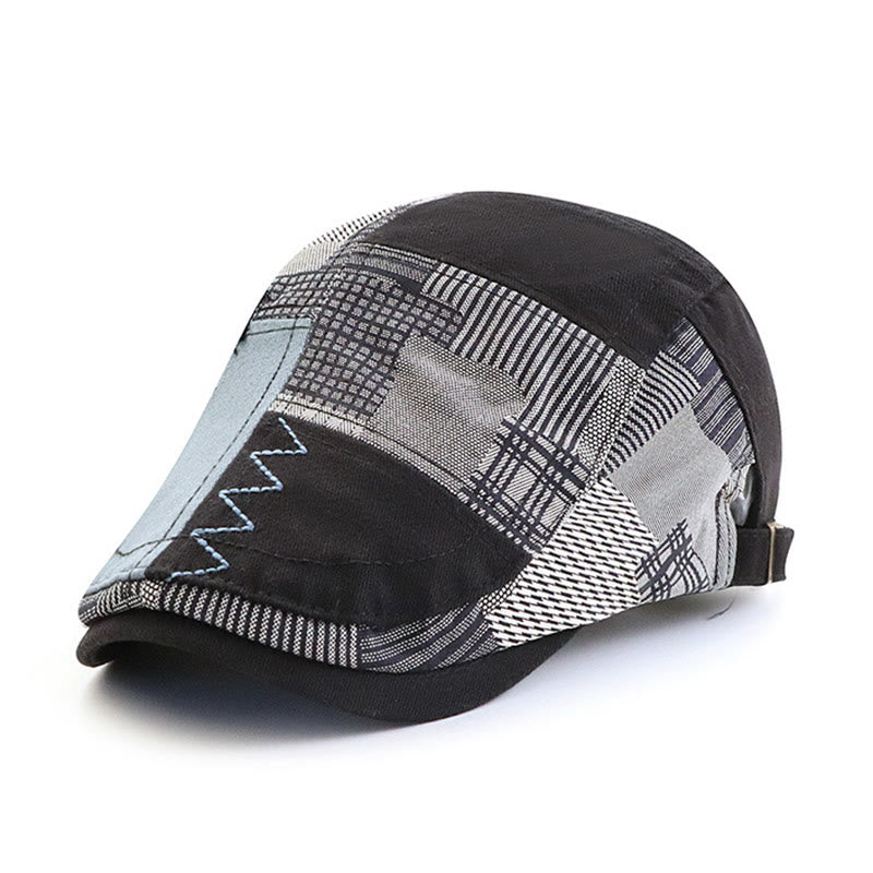 Béret gavroche artisanal patchwork multi-textures à coutures en zigzag - Noir - Réglable (22"-23 5/8") - image 1