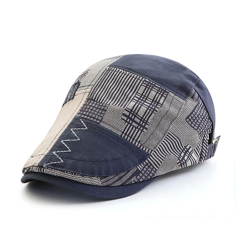 Béret gavroche artisanal patchwork multi-textures à coutures en zigzag - Bleu foncé - Réglable (22"-23 5/8") - image 5