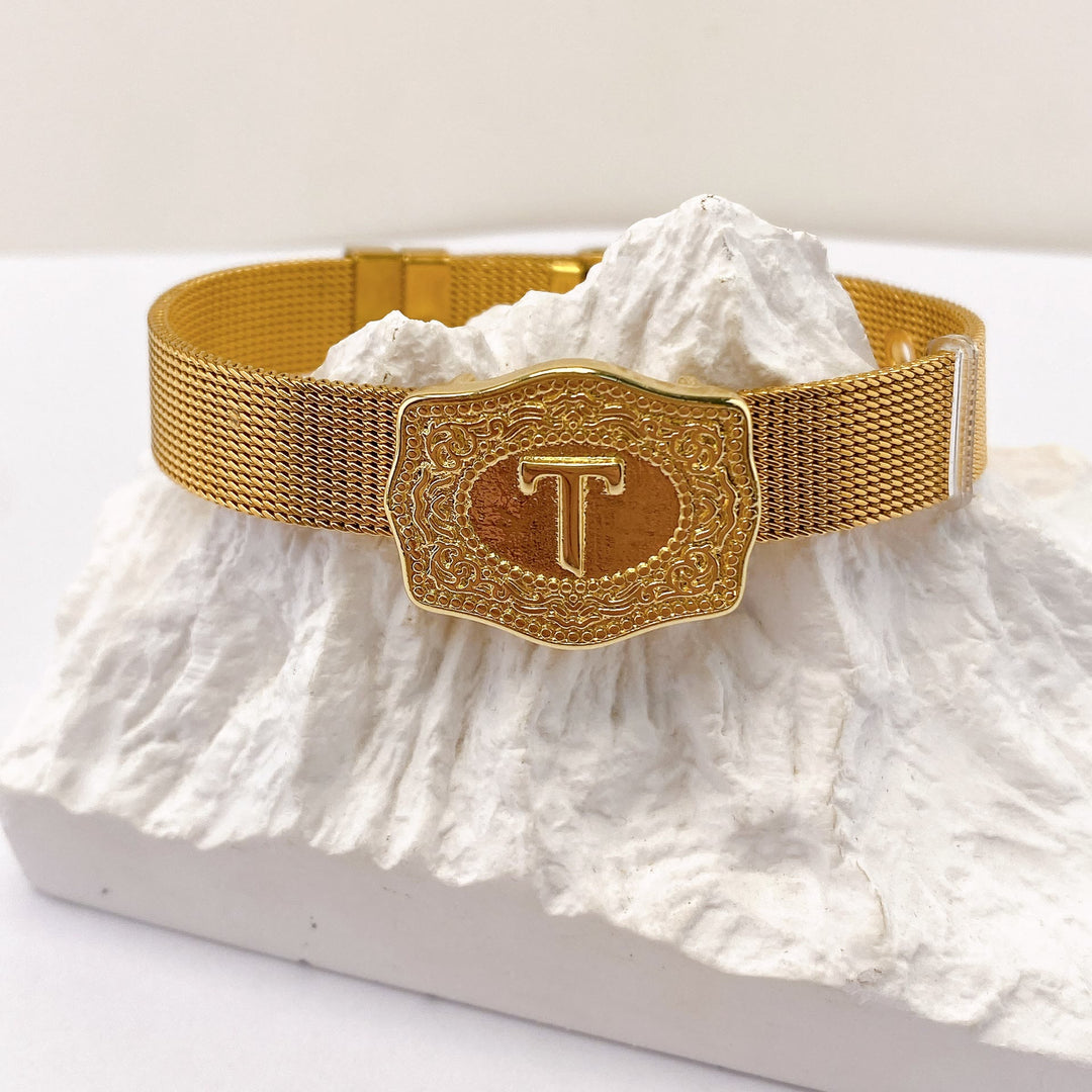 Bracelet glamour doré avec initiale gravée - T - image 19