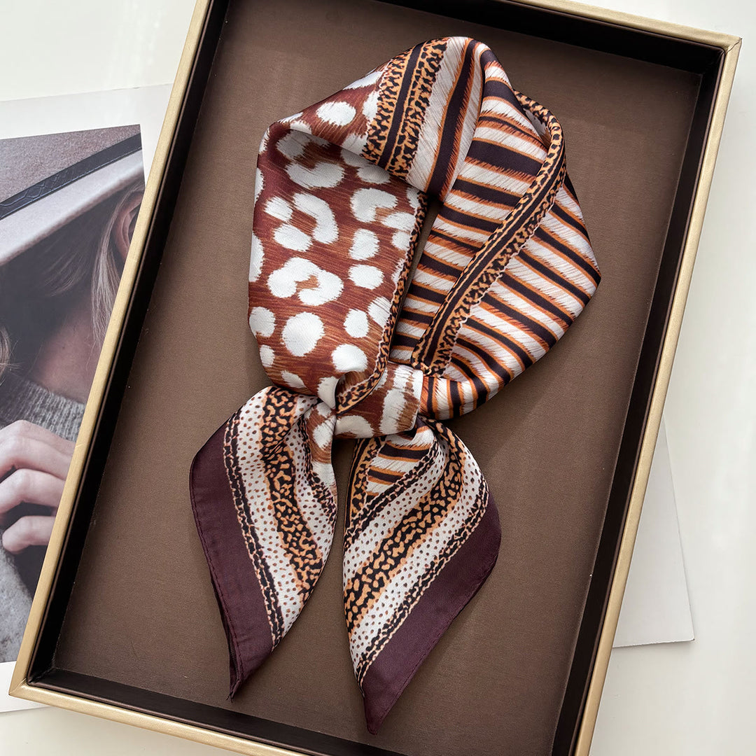 Foulard carré en soie à motifs variés rétro pour femme - Brun café - image 0