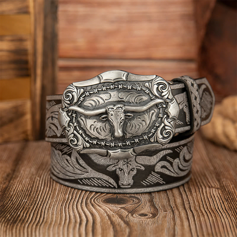 Ceinture en cuir pour homme avec boucle sculptée en forme de tête de taureau rétro - Gris - 38 - image 3