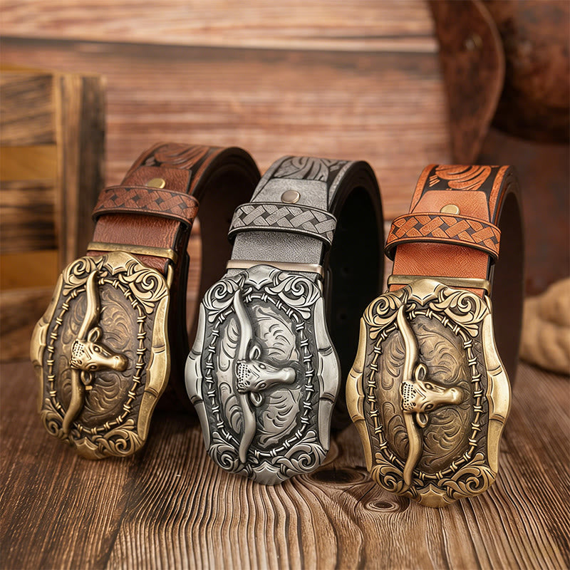 Ceinture en cuir pour homme avec boucle sculptée en forme de tête de taureau rétro - image 1