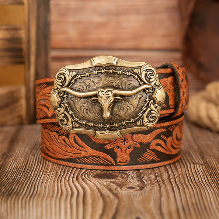 Ceinture en cuir pour homme avec boucle sculptée en forme de tête de taureau rétro - Chameau - 38 - image 2