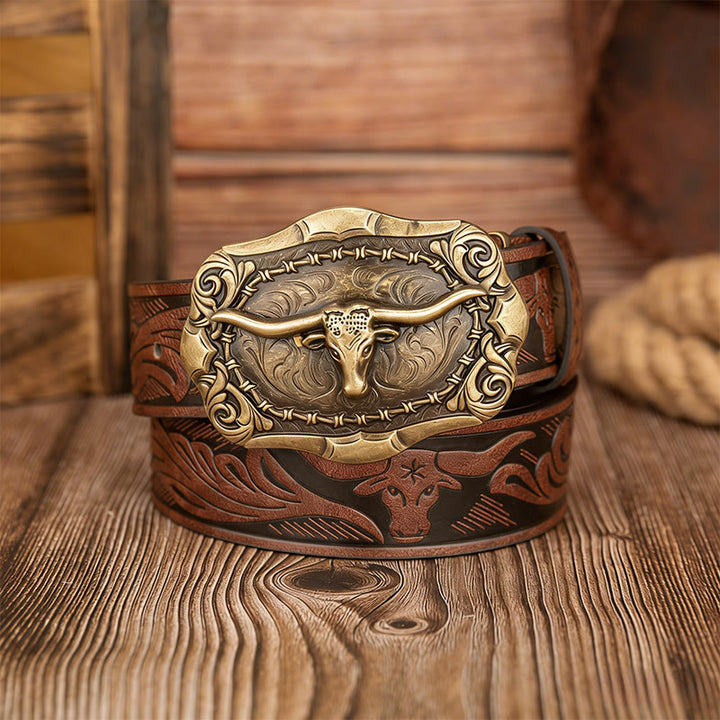 Ceinture en cuir pour homme avec boucle sculptée en forme de tête de taureau rétro - Brun - 38 - image 0