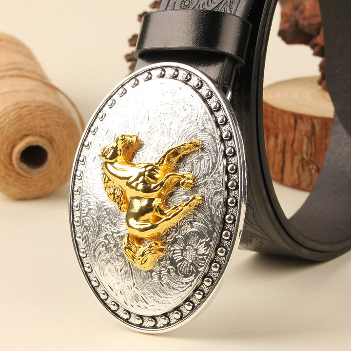 Ceinture pour homme en cuir gaufré avec boucle ovale argentée Golden Horse - image 1