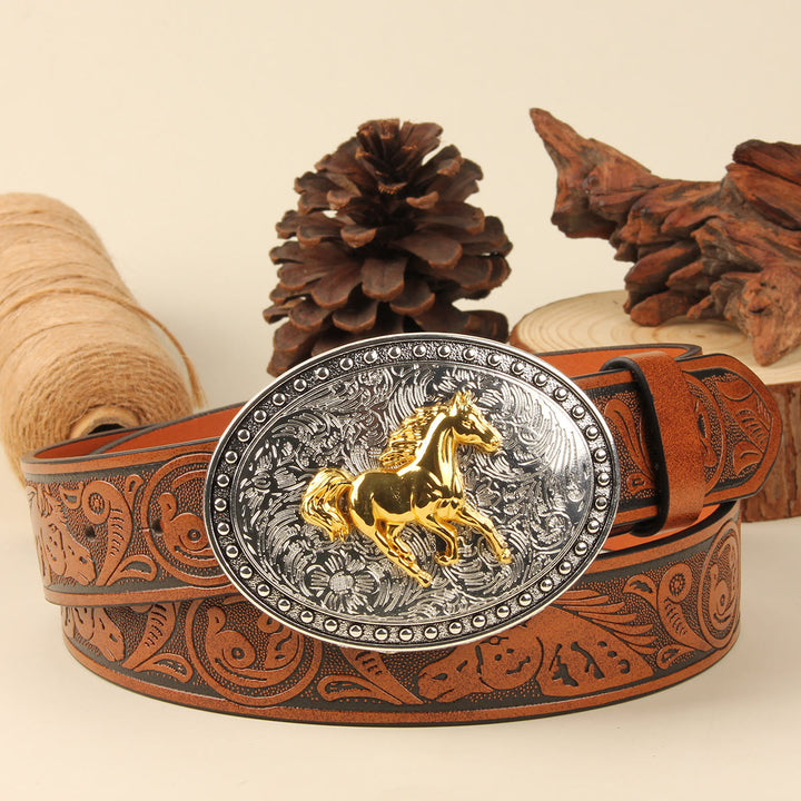 Ceinture pour homme en cuir gaufré avec boucle ovale argentée Golden Horse - Golden Horse + Ceinture marron - 38 - image 4